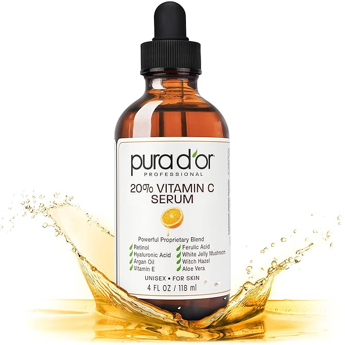 PURA D'OR 20% Vitamin C Serum 4 Oz - Lightweight Maximum Strength Formula - Retinol, Hyaluronic Acid, Ferulic Acid - Professional Grade Treatment For Face & Eyes, Wrinkles - Men & Women-GlimoraGlow
