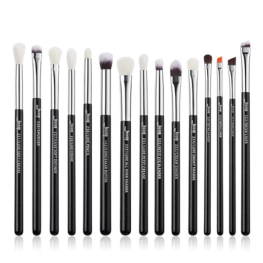 Jessup Eye Makeup Brushes Set Professional 15pcs with Eyeshadow Blending Concealer Eyebrow Eyliner Brush (Pearl Black/Silver)-GlimoraGlow