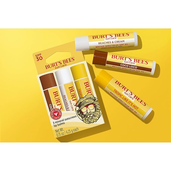Burt’s Bees SPF 30 Lip Balm Mothers Day Gifts for Mom, Island Getaway - Coco Loco, Beaches & Cream, Tropic Like It's Hot, Water-Resistant Sun Care, Natural Origin Lip Treatment, 3 Tubes, 0.15 oz-GlimoraGlow