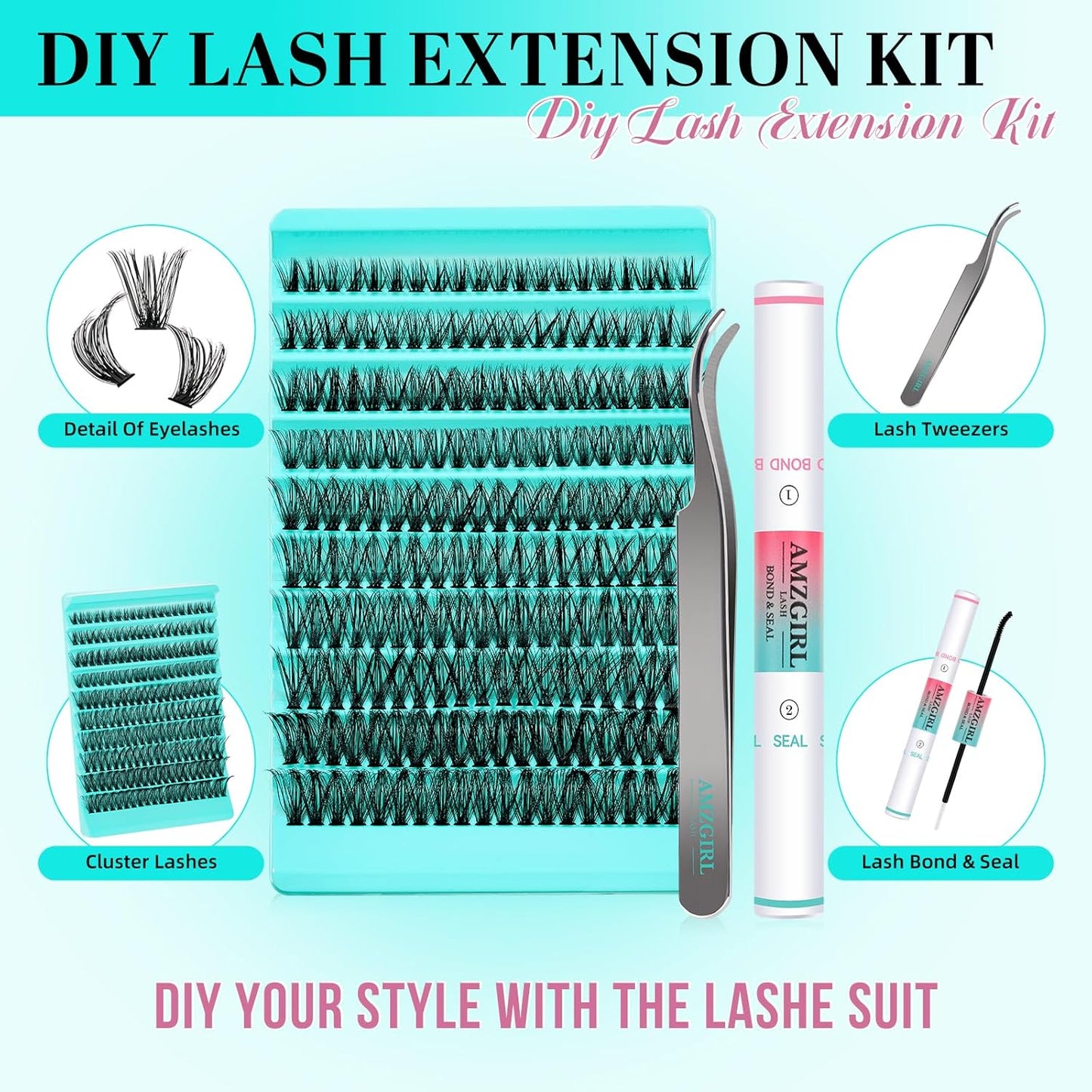 Lash Clusters Kit 200PCS 50D Eyelash Extension Kit D Curl Wispy Eyelash Clusters DIY Natural Individual Lashes Kits Lashes Extensions Kit with Lash Bond and Remover Eyelash Tweezer at Home（White Bond）-GlimoraGlow