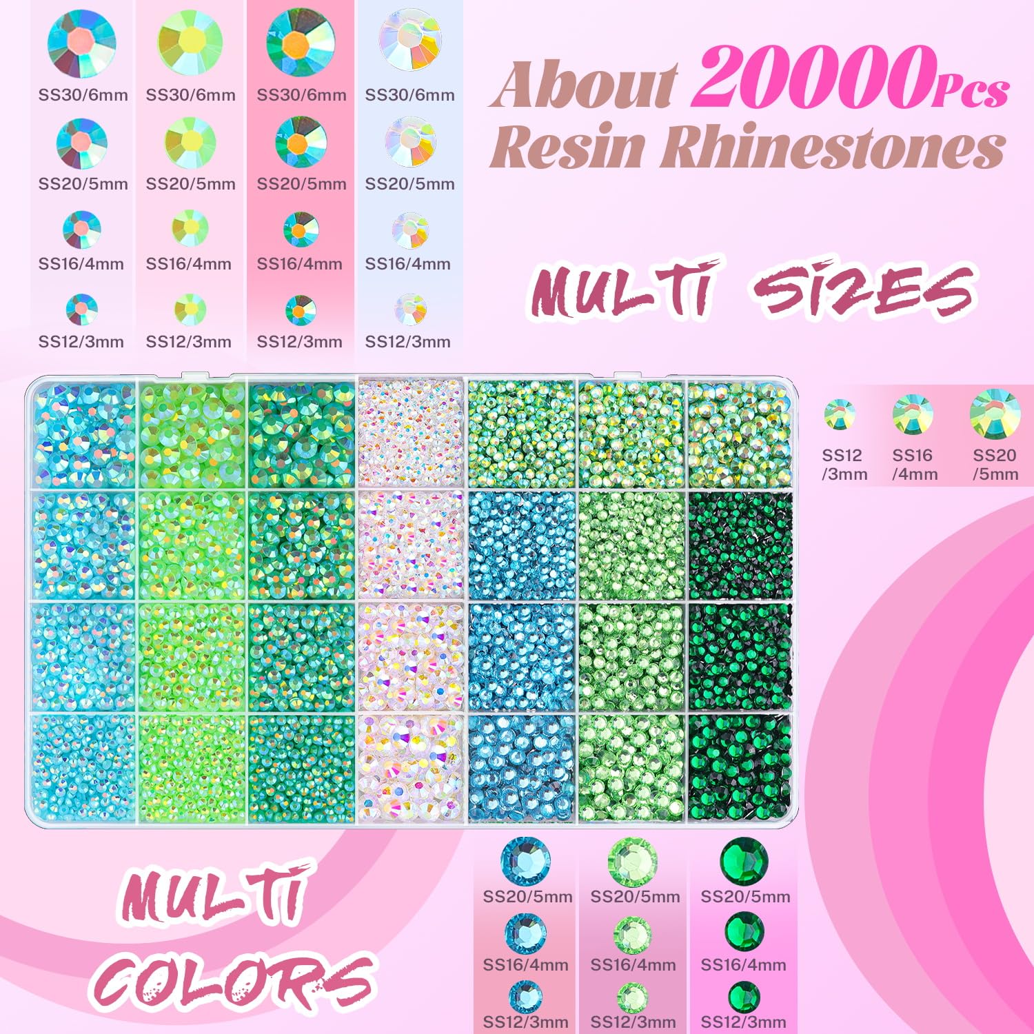 20000Pcs Green Rhinestones for Bedazzling with 1Pcs B7000 Jewelry Glue, Resin Rhinestones for Crafting Crafts DIY, Bedazzler Kit Gems for Clothing Shoes Tumblers Nail Art Assorted Size 3/4/5/6mm-GlimoraGlow