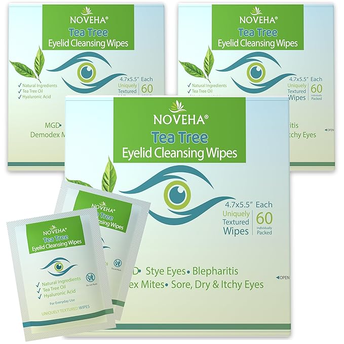 NOVEHA Tea Tree Oil Eyelid & Lash Wipes With Hyaluronic Acid, Green Tea & Chamomile For Blepharitis & Itchy Eyes, Individually Wrapped Eyelash Wipes Natural Makeup Remover & Daily Cleanser (Pack of 3)-GlimoraGlow