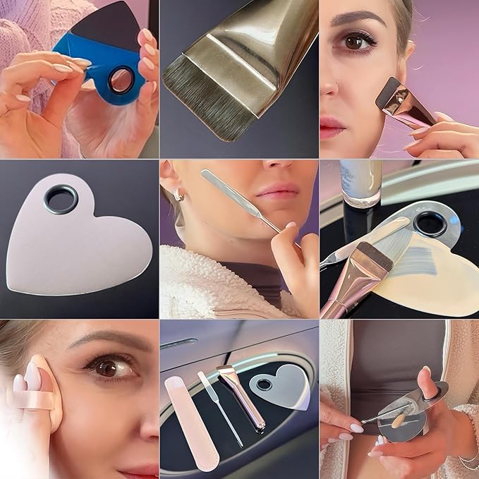Makeup Brush Set - Flat Foundation Brush, Blender Sponge, Face Spatula, Puff & Heart-Shaped Mixing Palette with Leather Case – Complete Face Makeup Tool Kit for Blending, Foundation & Application-GlimoraGlow