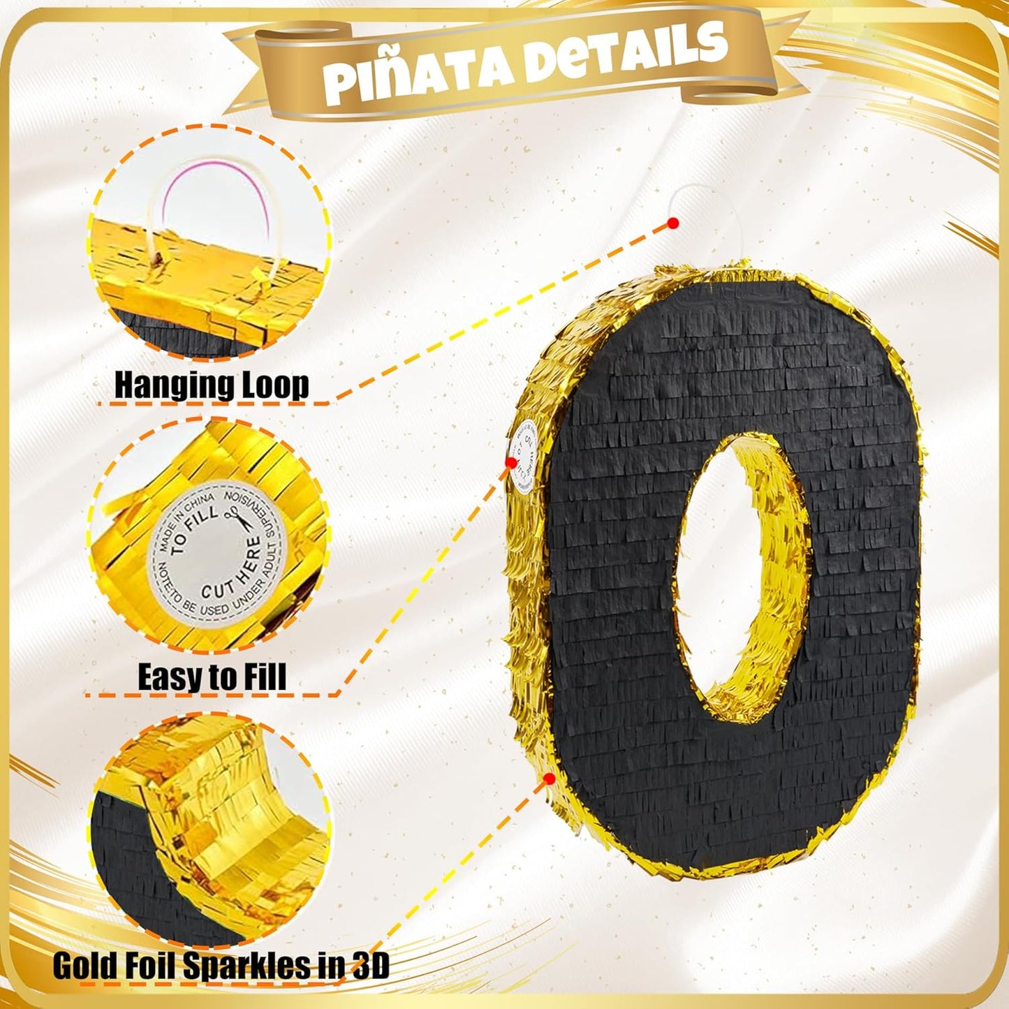 PCFING 20 Inch Number 0 Piñata Gold Black with 30 Inch Piñata Stick Blindfold Confetti for Man Women Boys Girls Birthday Party Decorations, Anniversary Celebration, Fiesta