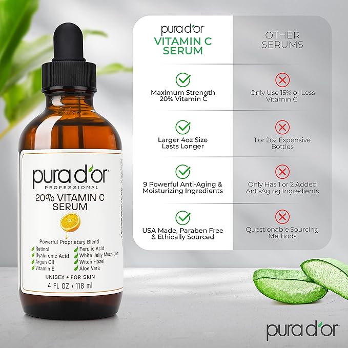 PURA D'OR 20% Vitamin C Serum 4 Oz - Lightweight Maximum Strength Formula - Retinol, Hyaluronic Acid, Ferulic Acid - Professional Grade Treatment For Face & Eyes, Wrinkles - Men & Women-GlimoraGlow