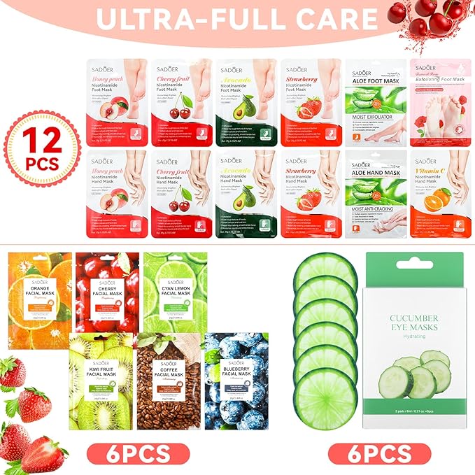 24 Pcs Fruits Beauty Facial Hand Foot Mask Cooling Eye Pads Set Spa Party Night Kit Beauty Skincare Hydrating Skin Cooling Eye Masks for Puffy Eyes Spa Stocking Stuffers Night Summer Party-GlimoraGlow