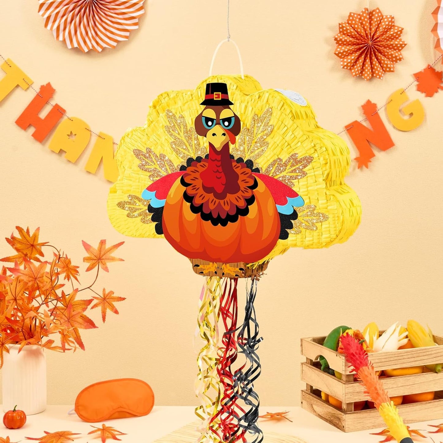 WERNNSAI Thanksgiving Turkey Pinata - Fall Autumn Decorations Gentle Turkey Pinata Orange Thanksgiving Party Games Autumn Decorations for Home Fall Festival Party Favors with Blindfold