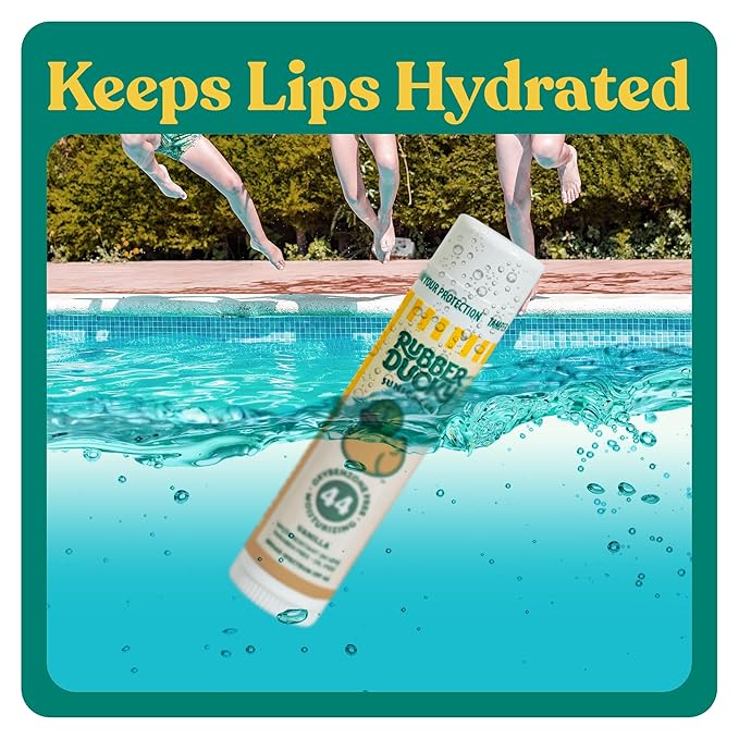 Rubber Ducky Lip Sunscreen SPF 44, Kids Vegan Lip Balm with Vitamin E, UV Protection, Water Resistant, Untinted, Vanilla Flavor, Broad Spectrum-GlimoraGlow