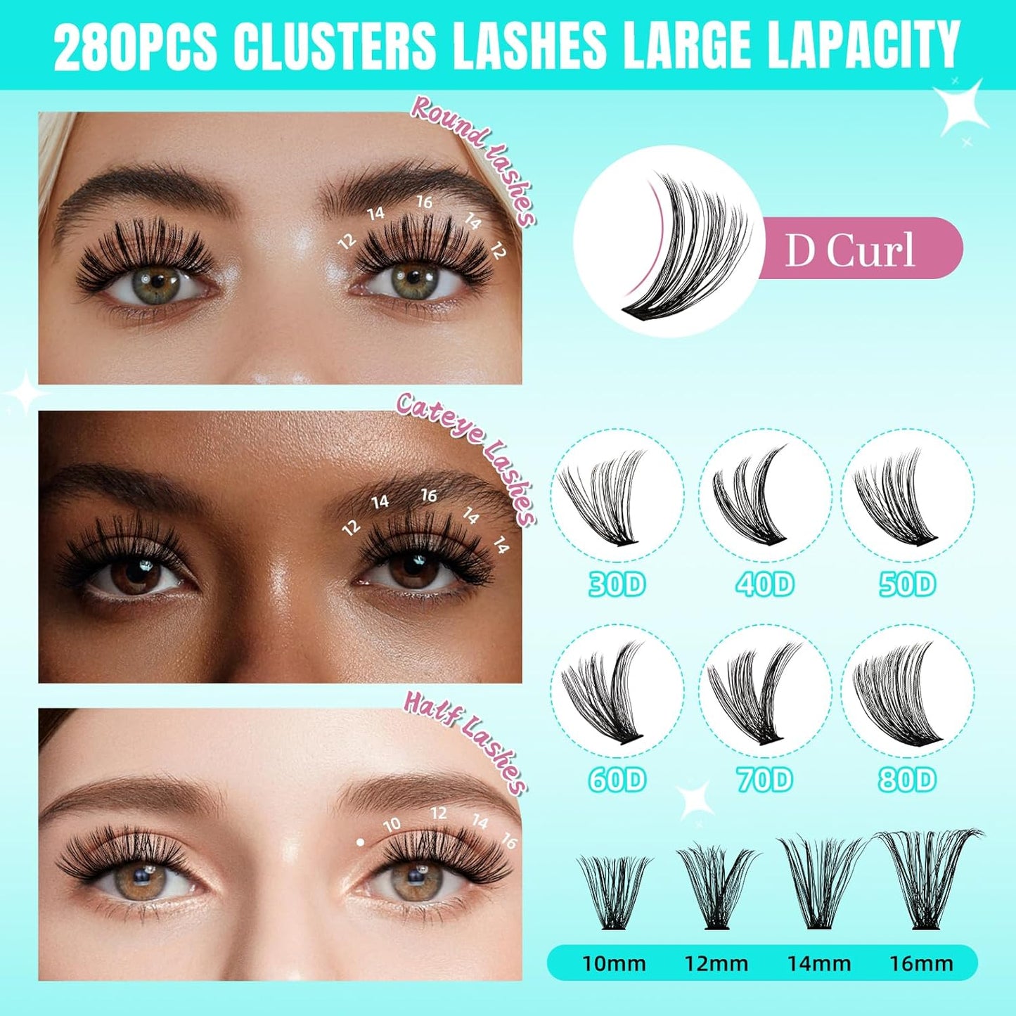 Lash Clusters Wispy 280PCS Eyelash Extension 60D Cluster Lashes Individual Lashes DIY Lash Extension Natural Look Cluster Eyelash Extensions Soft False Eyelashes at Home for Beginners(14mm)-GlimoraGlow