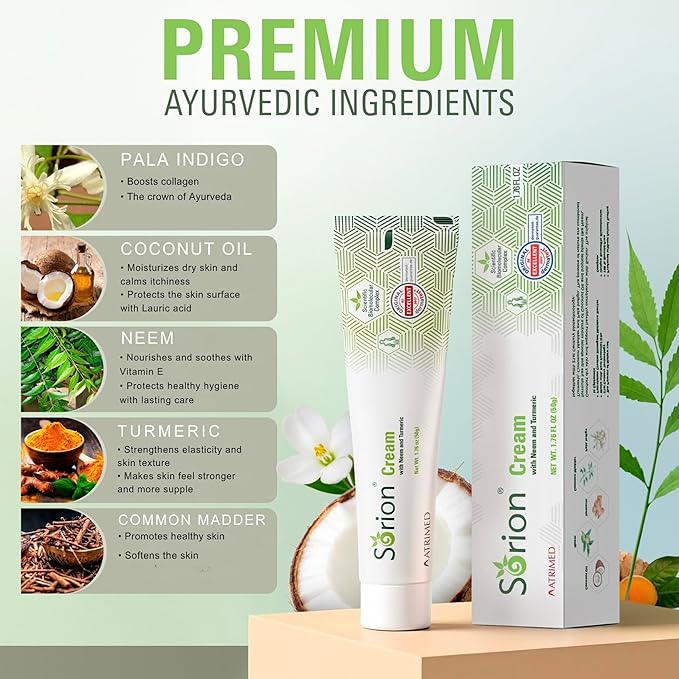 Sorion Cream - Herbal Moisturizer for Dry, Itchy, Flaky Skin with Coconut Oil, Neem, Turmeric and Pala Indigo Plant Skincare-GlimoraGlow