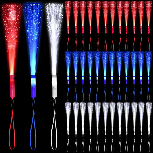 48 PCS Red Blue White Glow Fiber Wands Sticks LED Light Wands 3 Modes Flashing Fiber Optic Light Rod Bulk Fiber Optic Wands for July 4th Party Supplies