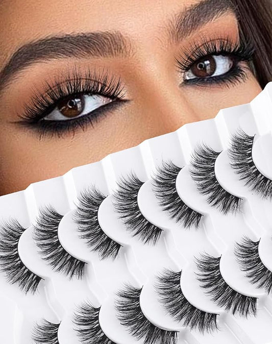 Lashes Wispy False Eyelashes Natural Look Fluffy Mink Lashes Doll Eyelashes Thick Faux Mink Eyelashes C Curl Fake Lashes 14MM 7 Pairs-GlimoraGlow