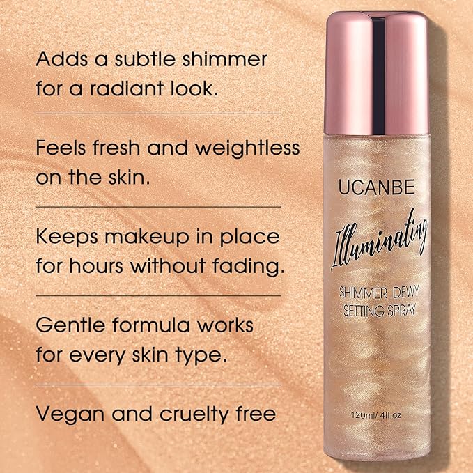 UCANBE Shimmer Dewy Setting Spray – Glowing + Makeup Setting Spray 2 in 1 Lightweight Formula for a Radiant Glow,Long-Lasting Face Mist for Face Body, 4 Fl Oz #Champagne-GlimoraGlow