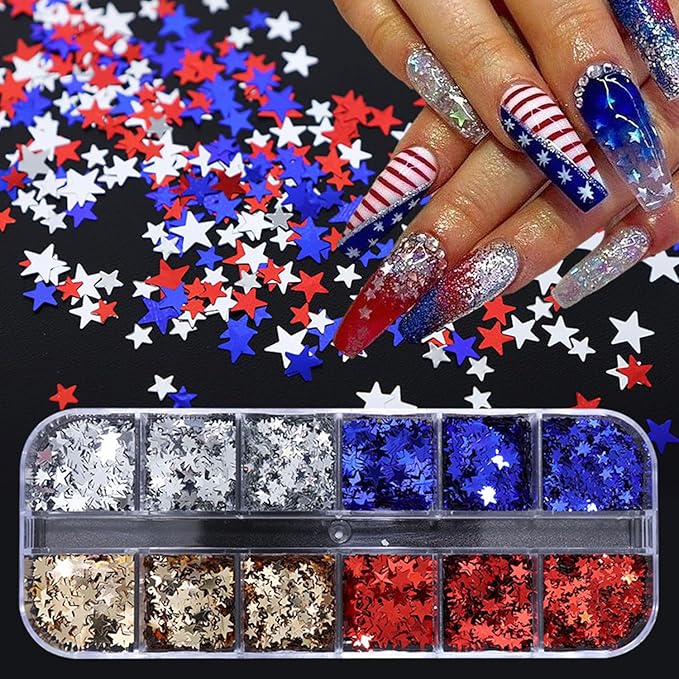 12 Grid July 4th Nail Art Glitter Sequins Independence Day Star Nail Decal Gold Glitter Flakes for Women-GlimoraGlow