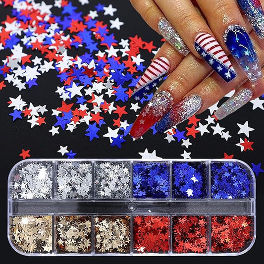 12 Grid July 4th Nail Art Glitter Sequins Independence Day Star Nail Decal Gold Glitter Flakes for Women-GlimoraGlow