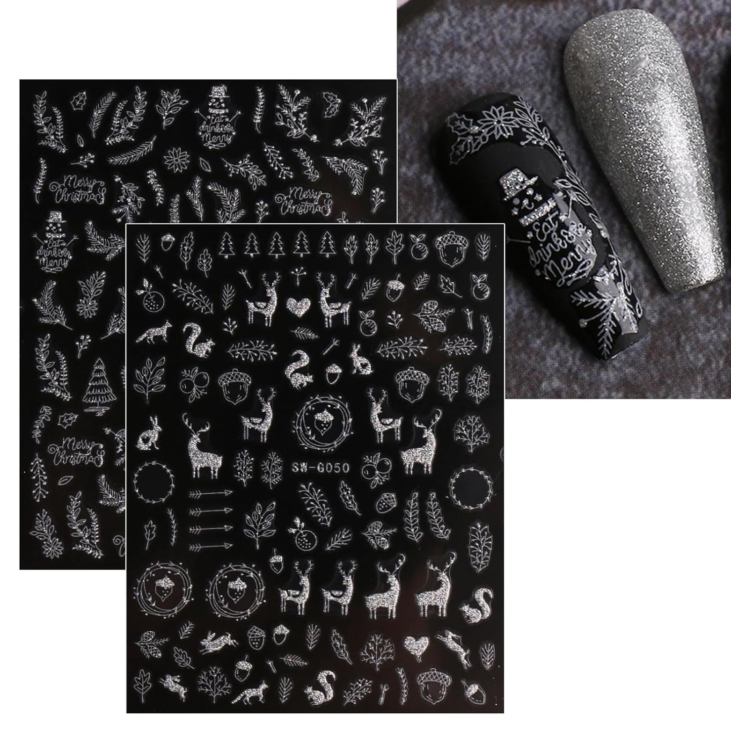 JMEOWIO 9 Sheets Christmas Glitter Nail Art Stickers Decals Self-Adhesive Snowflake Winter Holiday Silver Nail Supplies Nail Art Design Decoration Accessories-GlimoraGlow