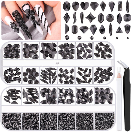 1680Pcs Black Glass Nail Rhinestones 180Pcs Multi Shapes Flatback Nail Gems + 1500Pcs 1.5-4mm Round Crystal, Manicure Nail Charms Diamond Gemstones for Acrylic Nails Decoration-GlimoraGlow