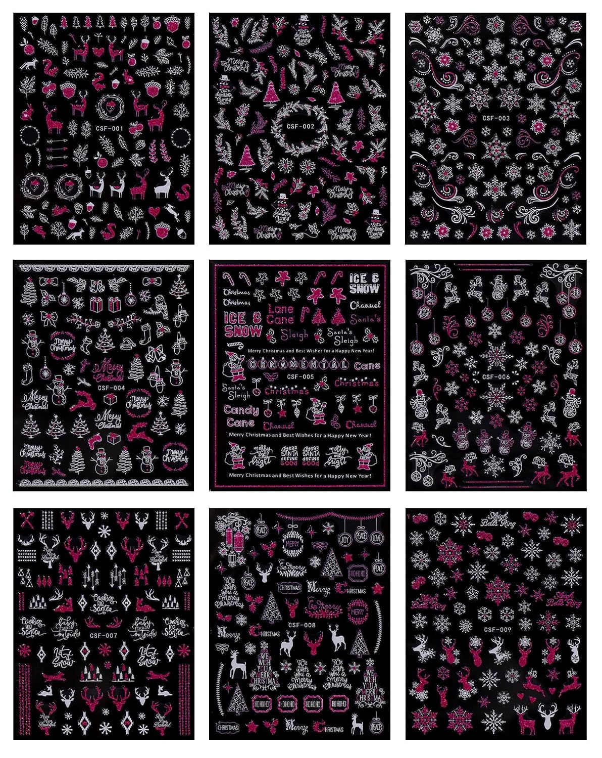 JMEOWIO 9 Sheets Christmas Pink Glitter Nail Art Stickers Decals Self-Adhesive Snowflake Winter Holiday Nail Supplies Nail Art Design Decoration Accessories-GlimoraGlow