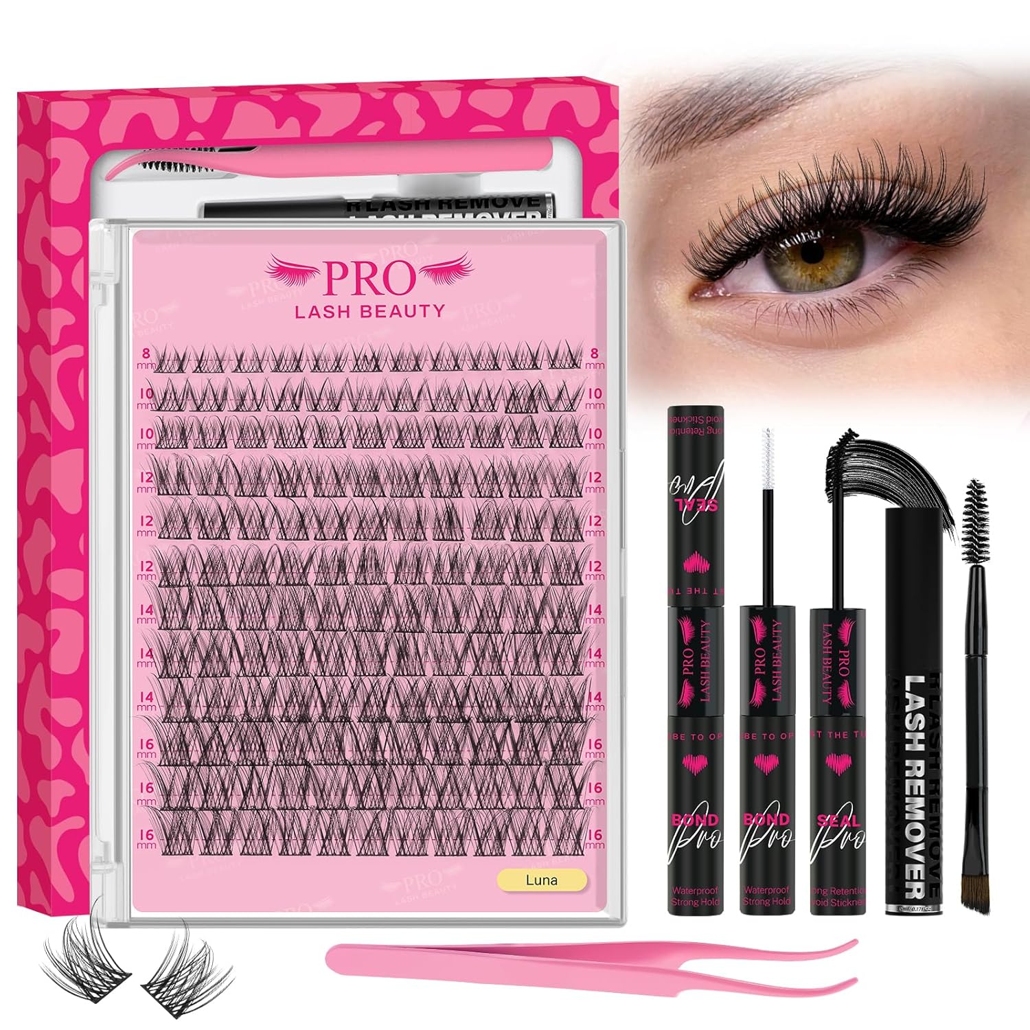 PROLASHBEAUTY Natural Lash Clusters Kit Lash Extension Kit Wispy Lash Clusters Lash Bond Remover Eyelash Applicator Beginner DIY Lashes Kit Easy to Use(Luna,8-16mix)-GlimoraGlow