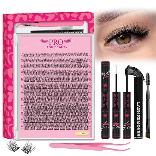 PROLASHBEAUTY Natural Lash Clusters Kit Lash Extension Kit Wispy Lash Clusters Lash Bond Remover Eyelash Applicator Beginner DIY Lashes Kit Easy to Use(Luna,8-16mix)-GlimoraGlow