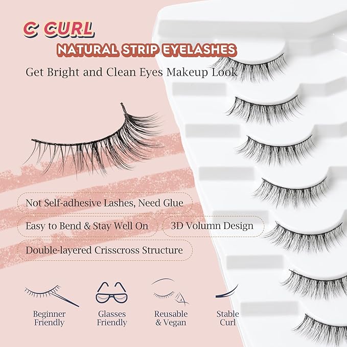 Natural Lashes Wispy Eyelashes Natural Look Short Lashes Pack 12mm Eyelashes C Curl False Lashes Thinner Band 3D Volume Fake Eyelashes 7 Pair Siligli-GlimoraGlow