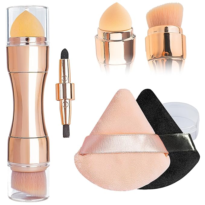 kullder 4 in 1 Makeup Brush Travel Makeup Brushes Blend Sponge, Eyebrow, Eyeshadow & Blush Brushes for Foundation Concealer Double Ended Makeup Brush with Powder Puff Women Ideal Gifts-GlimoraGlow