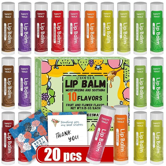 20 Pack Natural Lip Balm Bulk with Vitamin E and Coconut Oil Valentine's Day best choice - Moisturizing, Soothing, and Repairing Dry and Chapped Lips - 10 Flavors - Non-GMO-GlimoraGlow