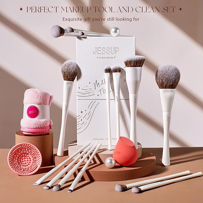 Jessup Makeup Brushes Set 14pcs Highend Makeup Gift Set for Women Include Foundation Concealer Blush Contour Powder Eye Shadow Brush, Makeup Sponge, Makeup Brush Cleaner and Towel, Pearl White T333-GlimoraGlow