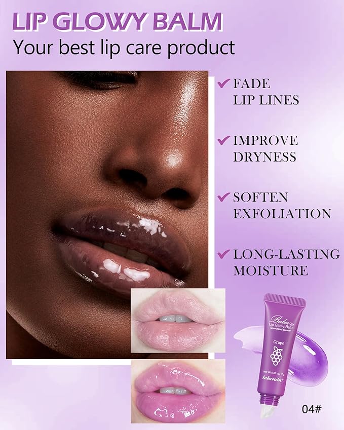 Hydrating Lip Glowy Balm, Ultra-Nourishing Lip Balm for Dry Cracked Lips, Moisturizer Lip Repair Sleeping Lip Mask, Day and Night Lip Care Therapy Treatment,Glossy Smooth Lip Butter Balm-04#Grape-GlimoraGlow