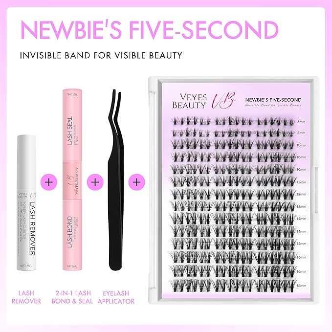 VEYESBEAUTY Lash Clusters Kit Eyelash Extensions Thin & Invisible Band DIY Individual False Eyelashes Newbie's Five-Second Series Lash Tray for Self-application, Whisper Lash 8-16mm Mixed Length-GlimoraGlow