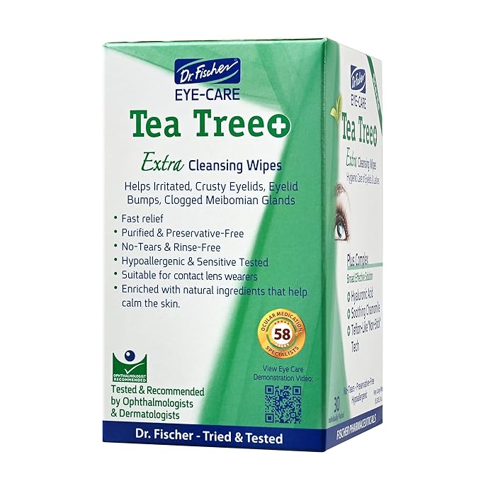 Dr. Fischer Tea Tree Oil Eye Wipes - Eyelid Wipes for Sensitive Eyes with Hyaluronic Acid and Chamomile, Makeup Remover, Daily Cleanser (60 wipes)-GlimoraGlow