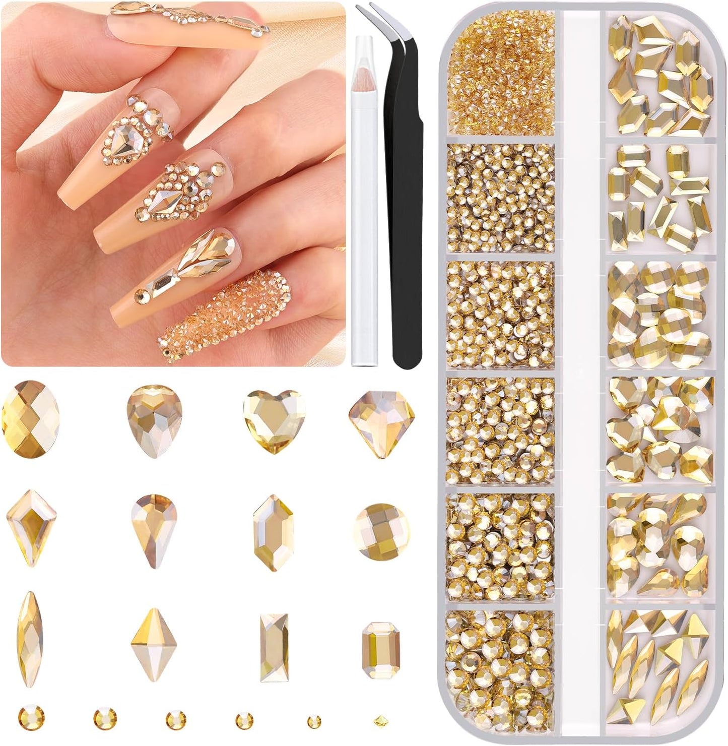 2060Pcs Champagne Gold Glass Nail Rhinestones 60Pcs Multi Shapes Flatback Nail Gems + 2000Pcs 1.5-4mm Round Crystal, Manicure Nail Charms Diamond Gemstone for Acrylic Nails Decoration-GlimoraGlow