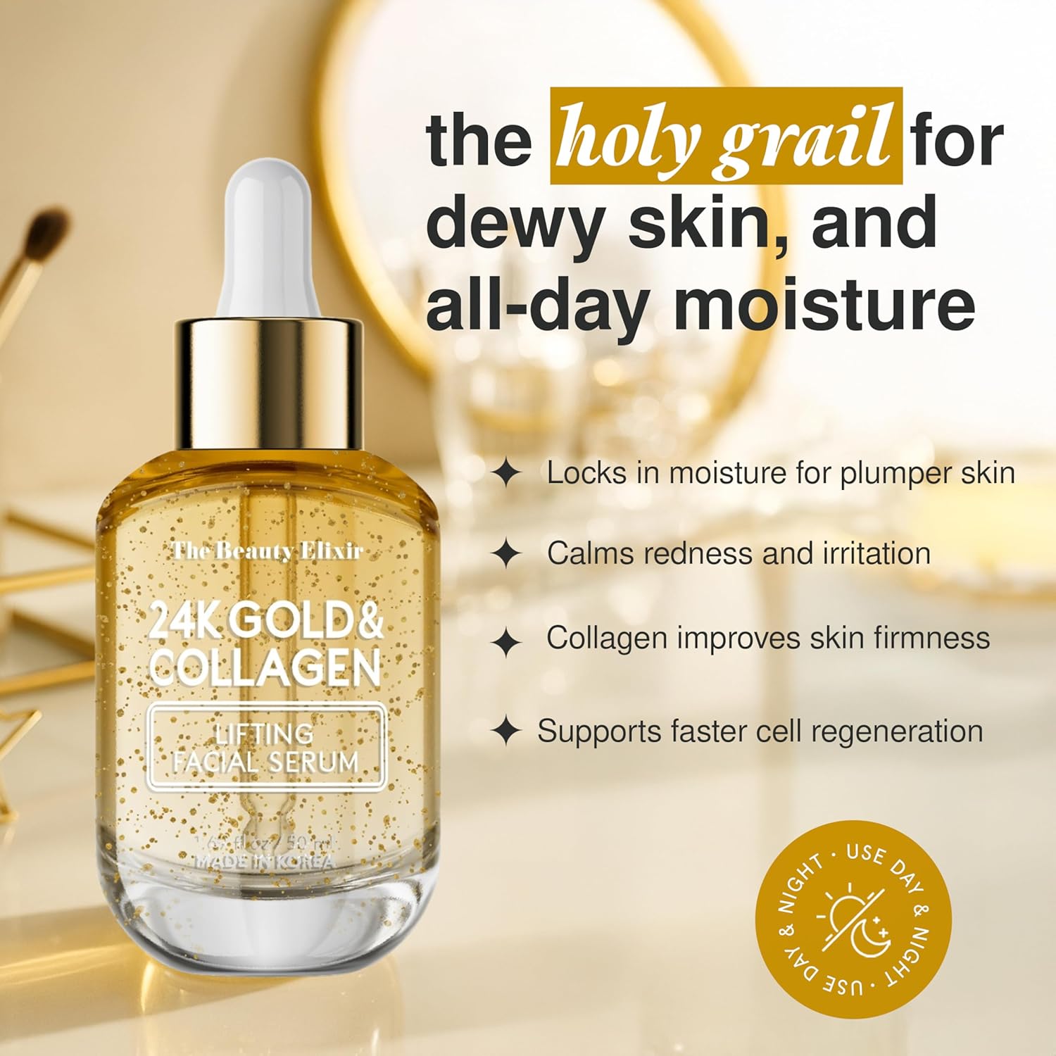 Collagen Serum For Face with 24k Gold - Dermatologist Tested - Anti Aging, Ultra Hydrating, Fine Lines & Wrinkle Treatment - Clean Beauty Korean Skin Care for All Skin Types - 1.69oz-GlimoraGlow