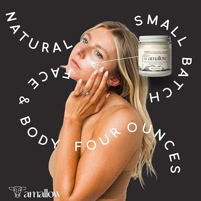 Amallow 100% Grass Fed Beef Tallow for Skin Care - Face + Body - Whipped Moisturizer for Sensitive Skin - Natural Lotion, 4 FL. oz. (Unscented + Jojoba Oil)-GlimoraGlow