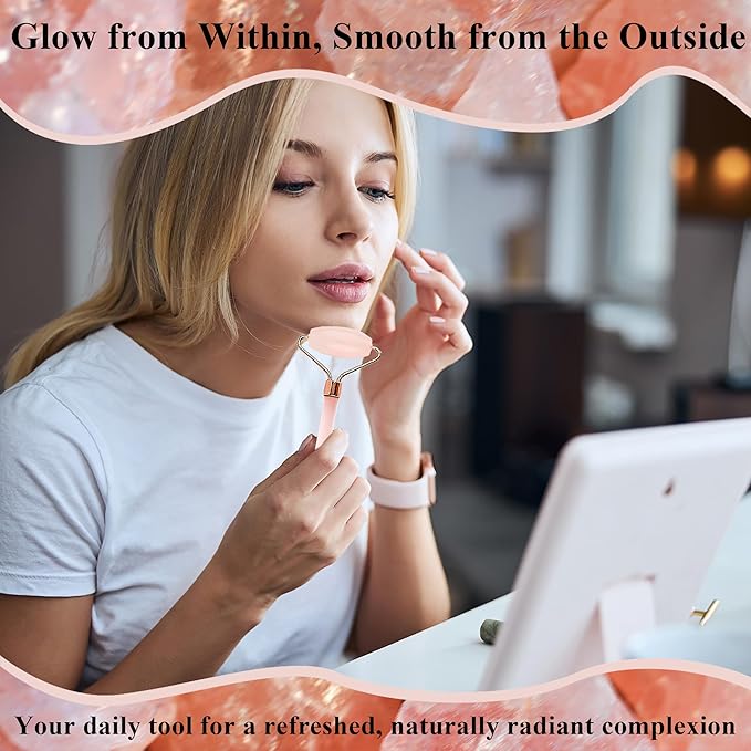 Natural Jade Roller for Face - Aging Wrinkles, Puffiness Facial Skin Massager Treatment Therapy - Premium Jade Stone, by Crystal Lemon (Rose Quartz)-GlimoraGlow