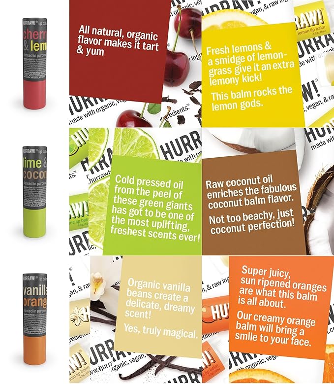 Hurraw! Cherry Lemon, Lime Coconut, and Vanilla Orange Lip Balm 3 Pack Bundle: Plastic-Free with new cardboard push-up tube. Certified Organic, Natural & Vegan. Bee, Shea, Soy & Palm Free. Made in USA-GlimoraGlow