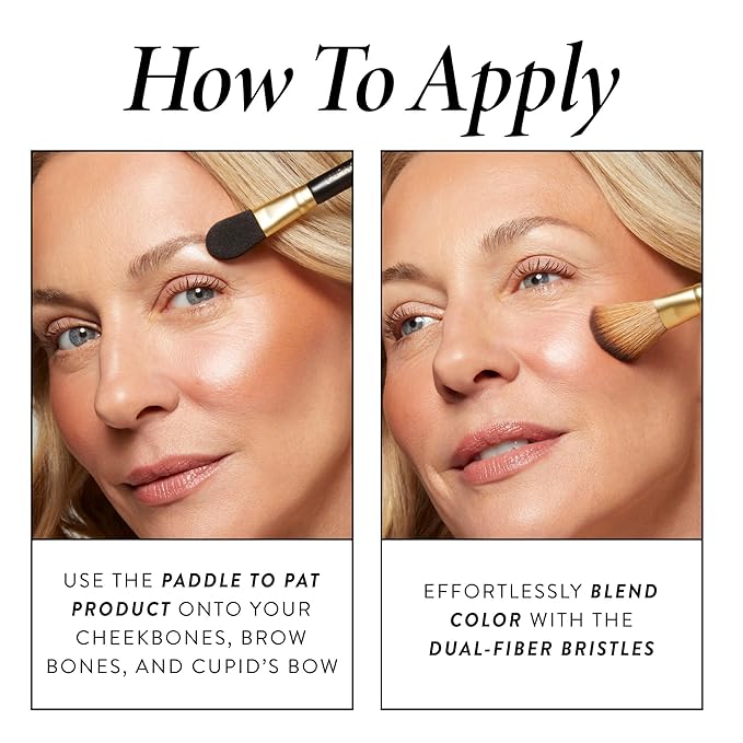 LAURA GELLER NEW YORK Dual-Ended Highlighter Brush - Multipurpose Makeup Brush for Highlighter, Blush, Bronzer and More - Includes Dual-Fiber Vegan Bristles and Satin Paddle for Flawless Application-GlimoraGlow