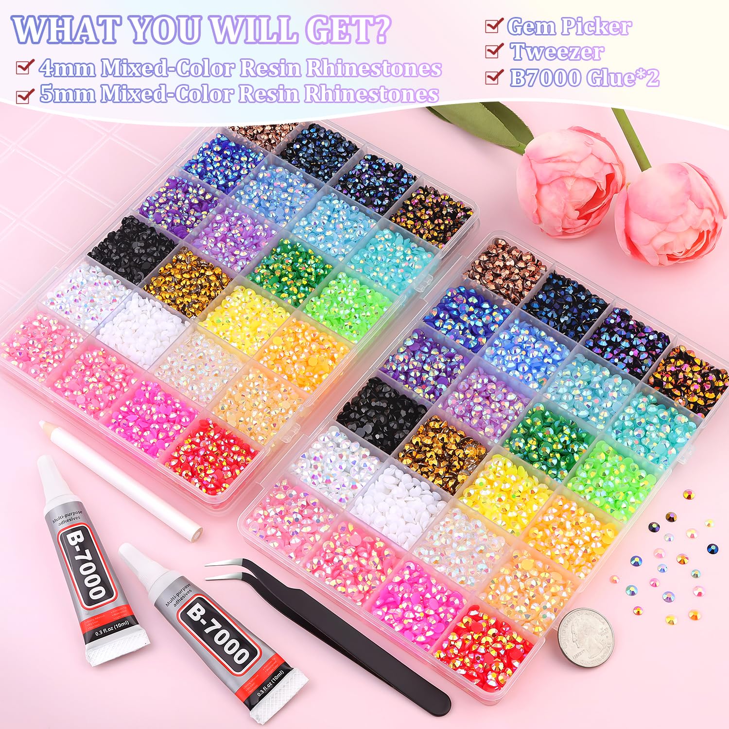 2 Boxes Jelly Rhinestones for Bedazzling, 19200Pcs 4mm & 5mm Multicolor Flatback Resin Gems for Crafting, Bedazzler Kit with 2Pcs 10ml B7000 Jewelry Glue for DIY Crafts Book Fabric Decor Nail Art-GlimoraGlow