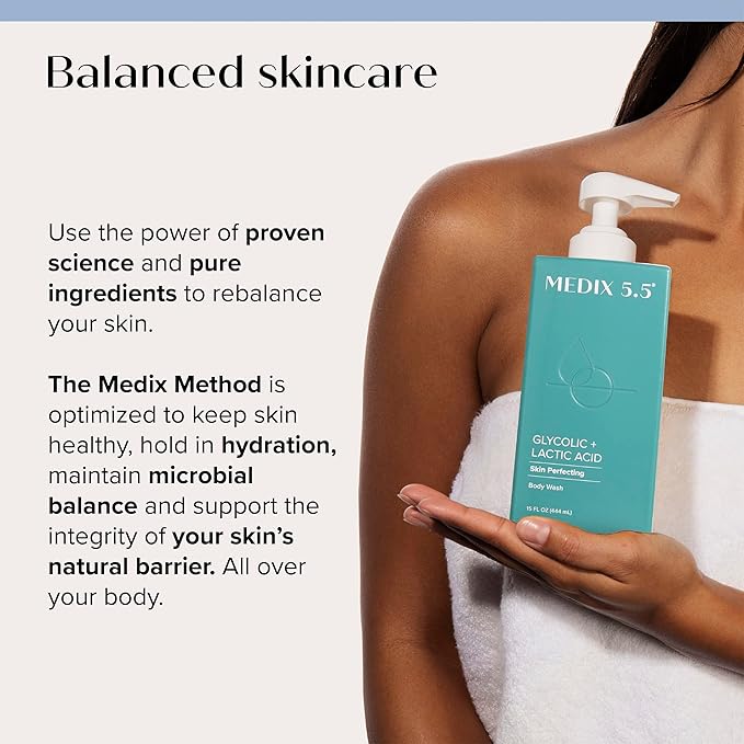 Medix 5.5 Body Scrub Skin Care Glycolic Acid Exfoliating Body Cleanser KP Bump Eraser | AHA + Lactic Acid Anti Aging All Skin Type Wash | Keratosis Pilaris & Acne | Foaming Body & Face Wash, 15 Fl Oz-GlimoraGlow