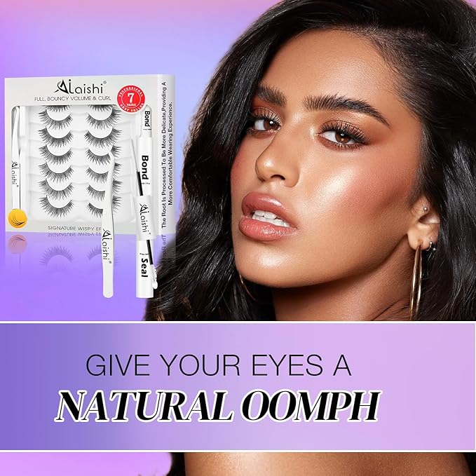 Wispy False Eyelashes Kit With Bond, Seal and Tweezer, 7 Pairs Natural Look Fake Cat Eye Lashes Strips Thin Band Extensions Waterproof Easy Eyelashes for Beginners DF2-GlimoraGlow