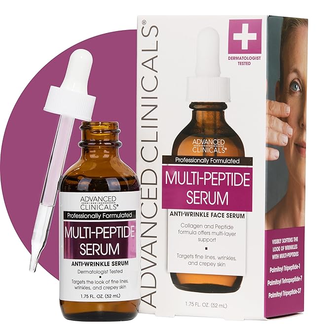 Advanced Clinicals Multi Peptides Serum For Face | Visible Anti Aging Hydrating Collagen Peptide Facial Serum With Vitamin E Helps Improve Look Of Wrinkles, Puffiness, & Uneven Skin Tone, 1.75 Fl Oz-GlimoraGlow