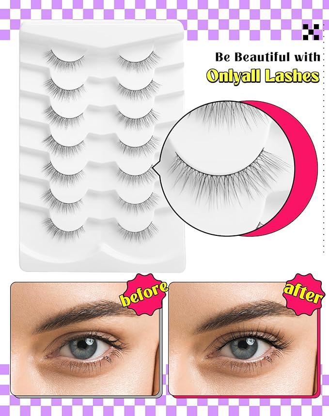 Onlyall Natural Lashes Wispy Lashes Natural Look False Eyelashes Natural Flared Eyelashes False Eye Lashes Soft Fluffy Lashes 7 Pairs DK32, Black-GlimoraGlow