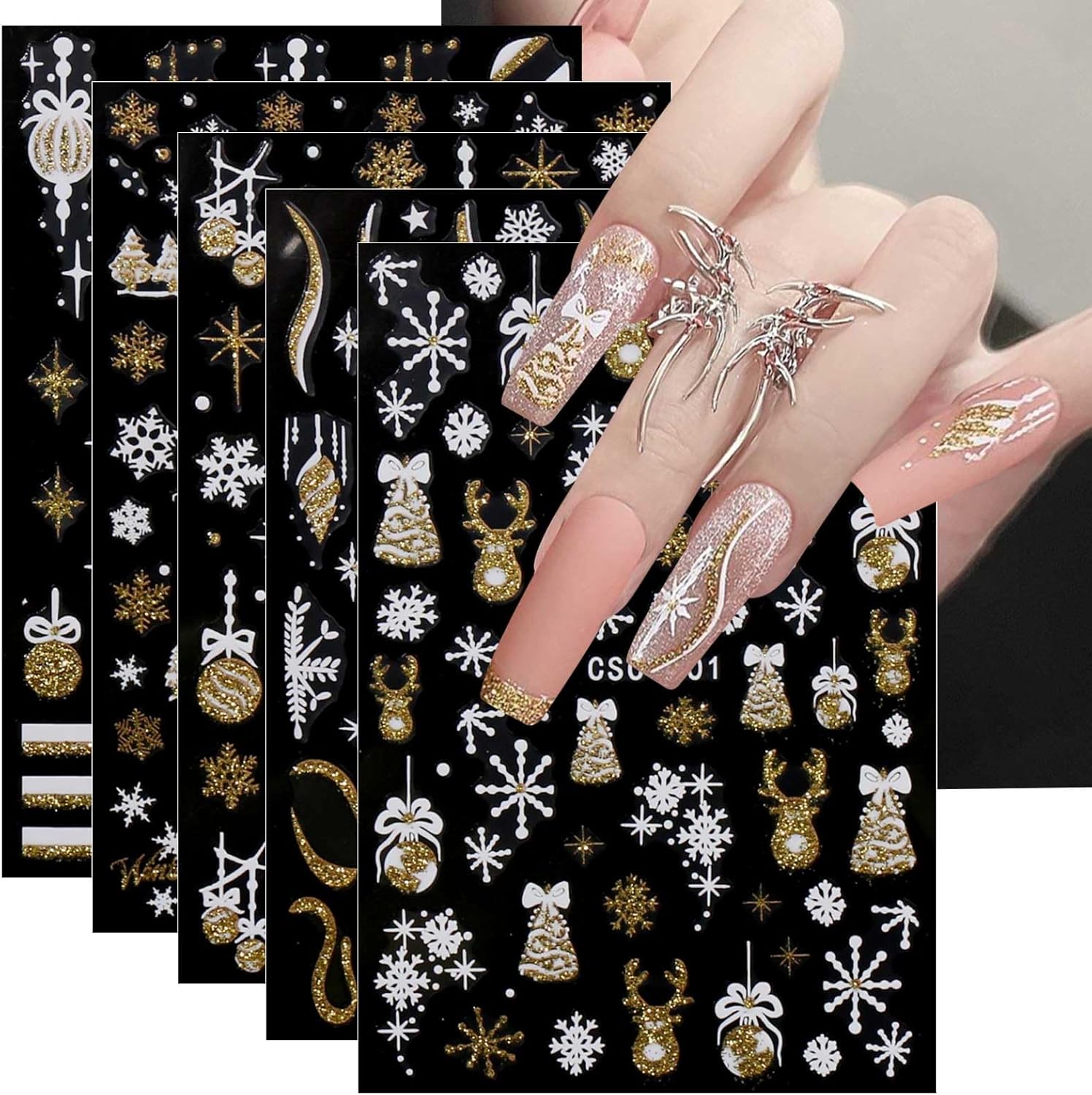 JMEOWIO 8 Sheets Christmas Glitter Nail Art Stickers Decals Self-Adhesive Snowflake Winter Holiday Cute Nail Supplies Nail Art Design Decoration Accessories-GlimoraGlow