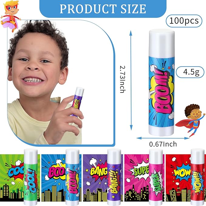 100 Pcs Hero Party Favors Lip Balms Bulk for Kids Birthday Party Moisturizing Lip Balm for Hero Themed Celebration Gifts Lip Care Products for Classroom Rewards Favor Party Supplies-GlimoraGlow