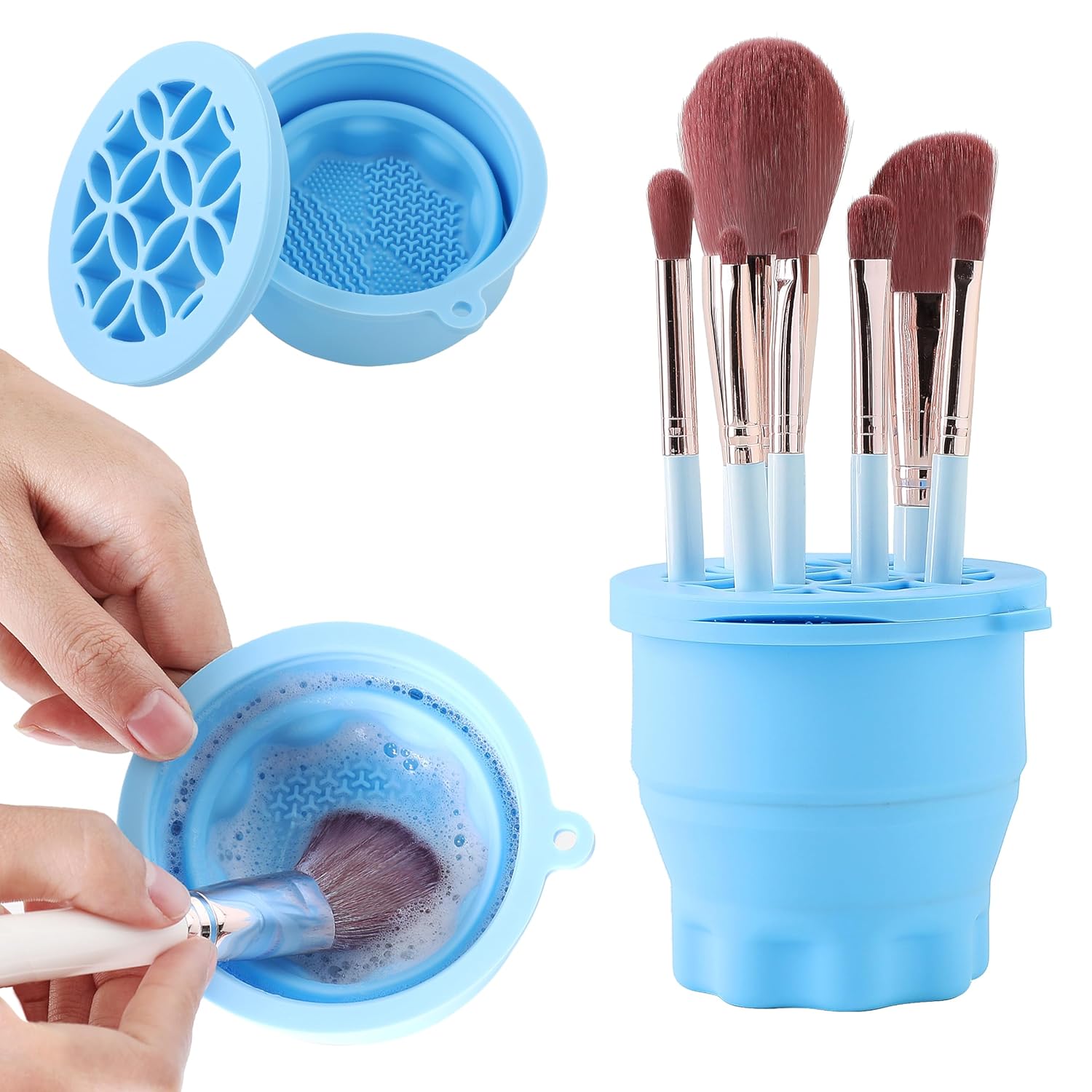 Makeup Brush Cleaner - Foldable Silicone Makeup Brush Cleaner Mat with Brush Storage Holder Makeup Brush Cleaning Bowl Cosmetic Brush Washing Tool for Cleaning Organizer and Drying (Blue)-GlimoraGlow
