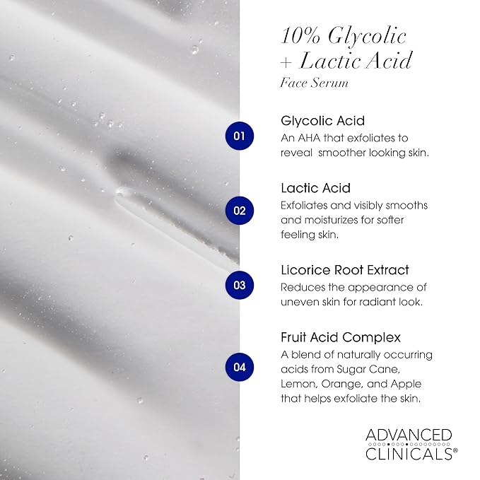 Advanced Clinicals Exfoliating 10% Glycolic Acid Serum For Face + Lactic Acid | Facial Exfoliant AHA + Salicylic Acid Serum To Improve Look Of Large Pores, Uneven Skin Tone, & Dark Spots, 1.75 FL Oz-GlimoraGlow