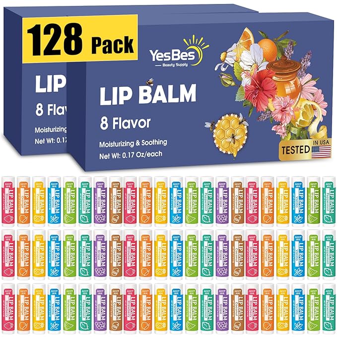 128 Pack Lip Balm, Natural Lip Balm Bulk with Vitamin E and Coconut Oil, Moisturizing Lip Balm for Dry Cracked Lips, Lip Balm for Stocking Stuffers - 8 Flavors-GlimoraGlow
