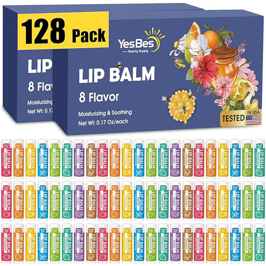 128 Pack Lip Balm, Natural Lip Balm Bulk with Vitamin E and Coconut Oil, Moisturizing Lip Balm for Dry Cracked Lips, Lip Balm for Stocking Stuffers - 8 Flavors-GlimoraGlow
