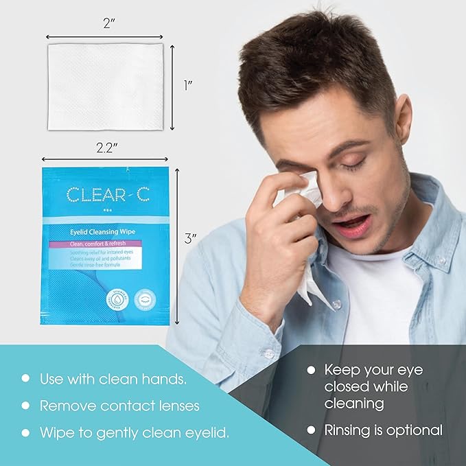 Clear C Eyelid Wipes Pre-Moistened for Dry Eyes – Rinse Free Eye Lid Cleaning Wipes – Individually Wrapped Travel Eye Wipes, 1 Box of 30-GlimoraGlow