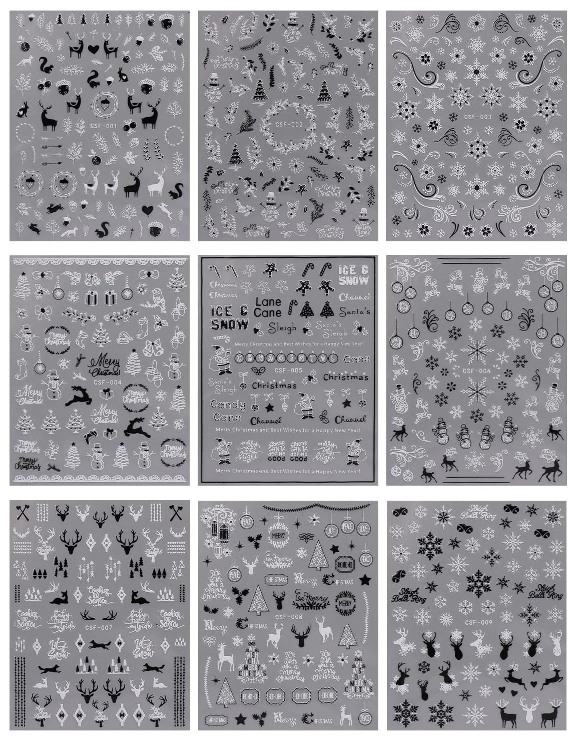 JMEOWIO 9 Sheets Christmas Glitter Nail Art Stickers Decals Self-Adhesive White Black Nail Supplies Nail Art Design Decoration Accessories-GlimoraGlow